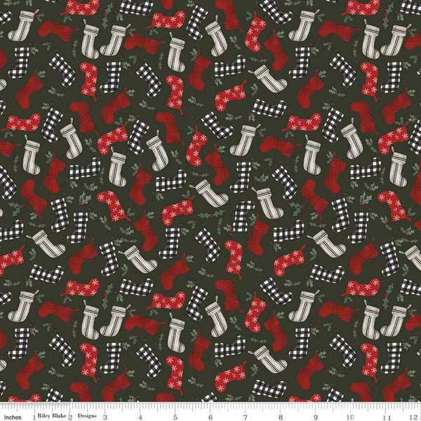 15" End of Bolt - SALE Farmhouse Christmas Stockings C10952 Forest - Riley Blake - Stockings Holly Berries Green - Quilting Cotton Fabric