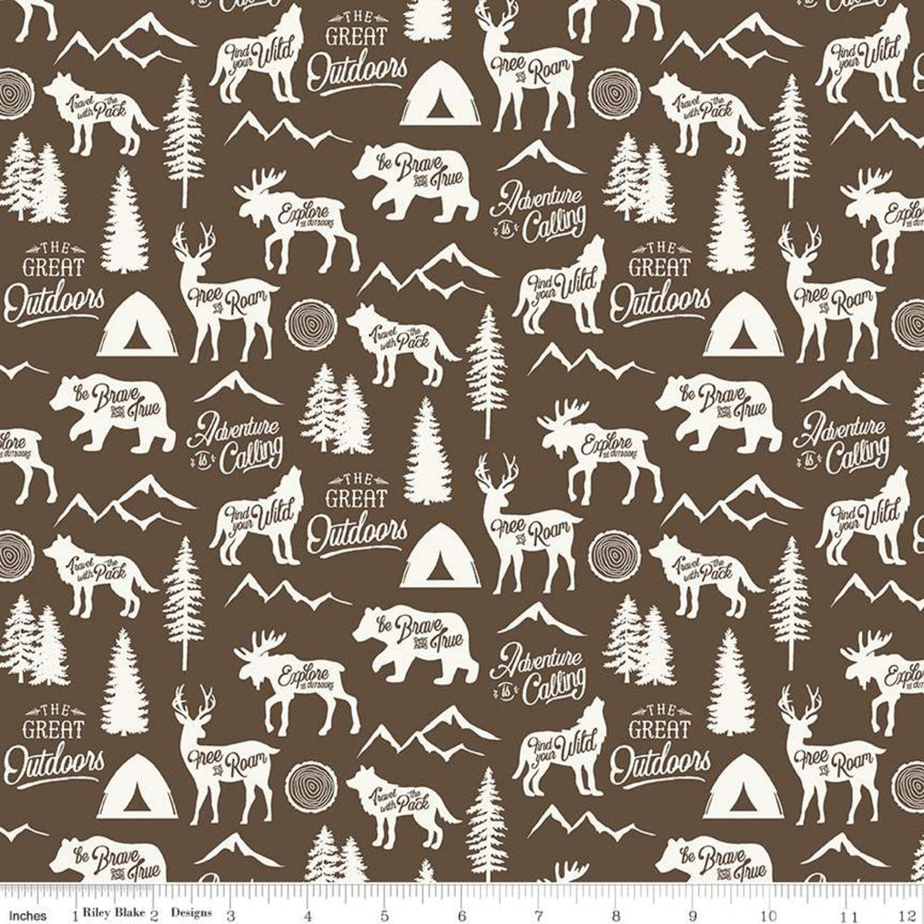 SALE Adventure is Calling Main C10720 Brown - Riley Blake Designs - Outdoors Cream Moose Wolves Bears Trees Tents - Quilting Cotton Fabric