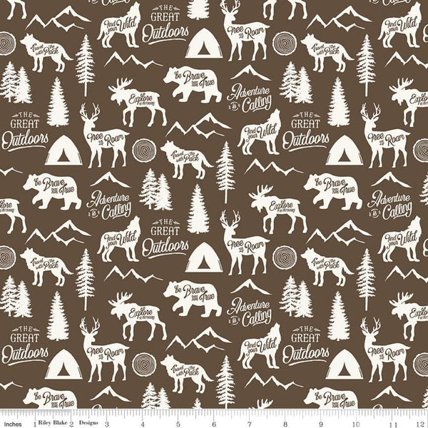 SALE Adventure is Calling Main C10720 Brown - Riley Blake Designs - Outdoors Cream Moose Wolves Bears Trees Tents - Quilting Cotton Fabric