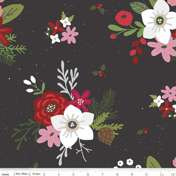 SALE Holly Holiday Main C10880 Charcoal - Riley Blake Designs - Christmas Flowers Pine Cones Berries Holly Black - Quilting Cotton Fabric