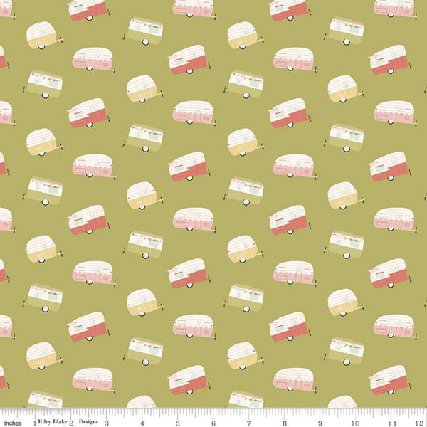 SALE Joy in the Journey Campers C10682 Olive - Riley Blake Designs - Camping Camp Trailers Green - Quilting Cotton Fabric
