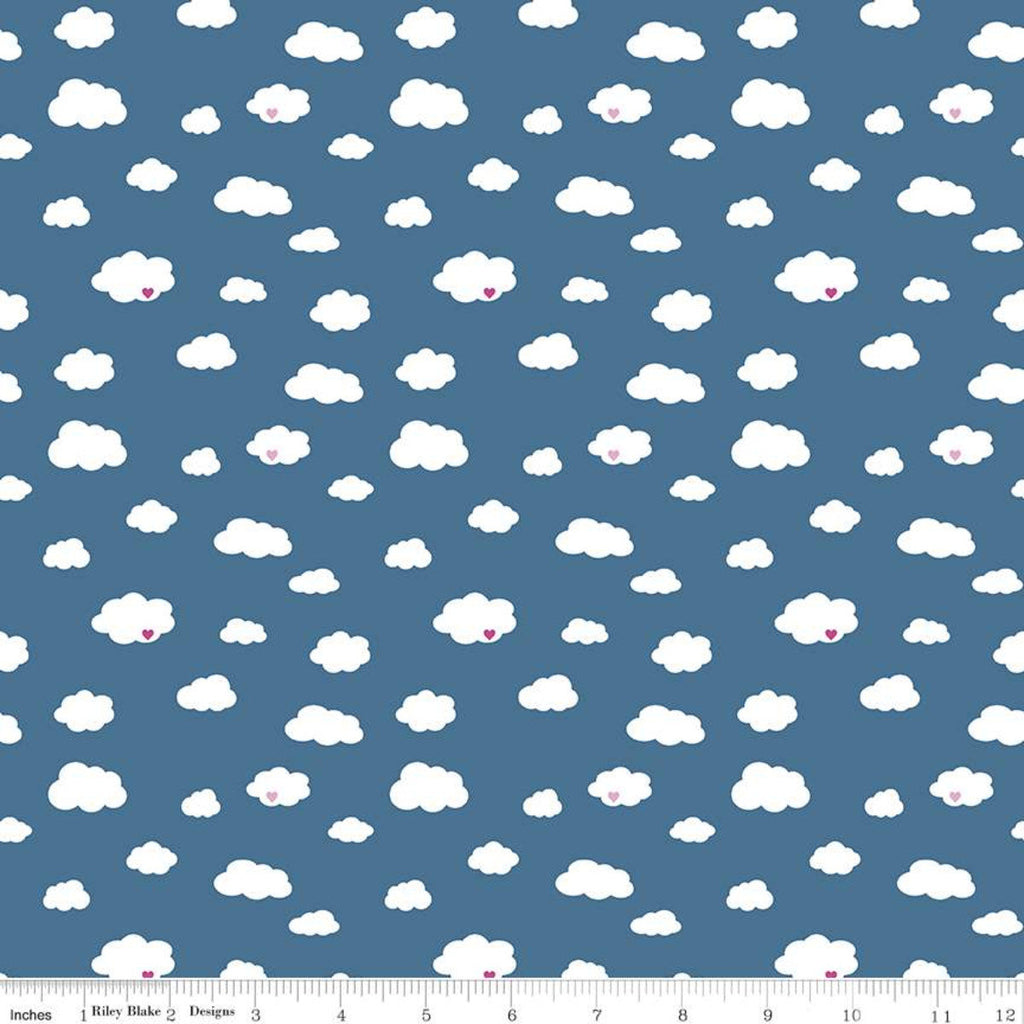 35" End of Bolt - SALE Dream Drift C10771 Blue - Riley Blake Designs - White Clouds Pink Hearts - Quilting Cotton Fabric