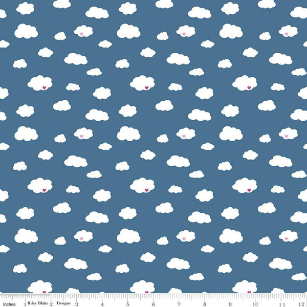 35" End of Bolt - SALE Dream Drift C10771 Blue - Riley Blake Designs - White Clouds Pink Hearts - Quilting Cotton Fabric