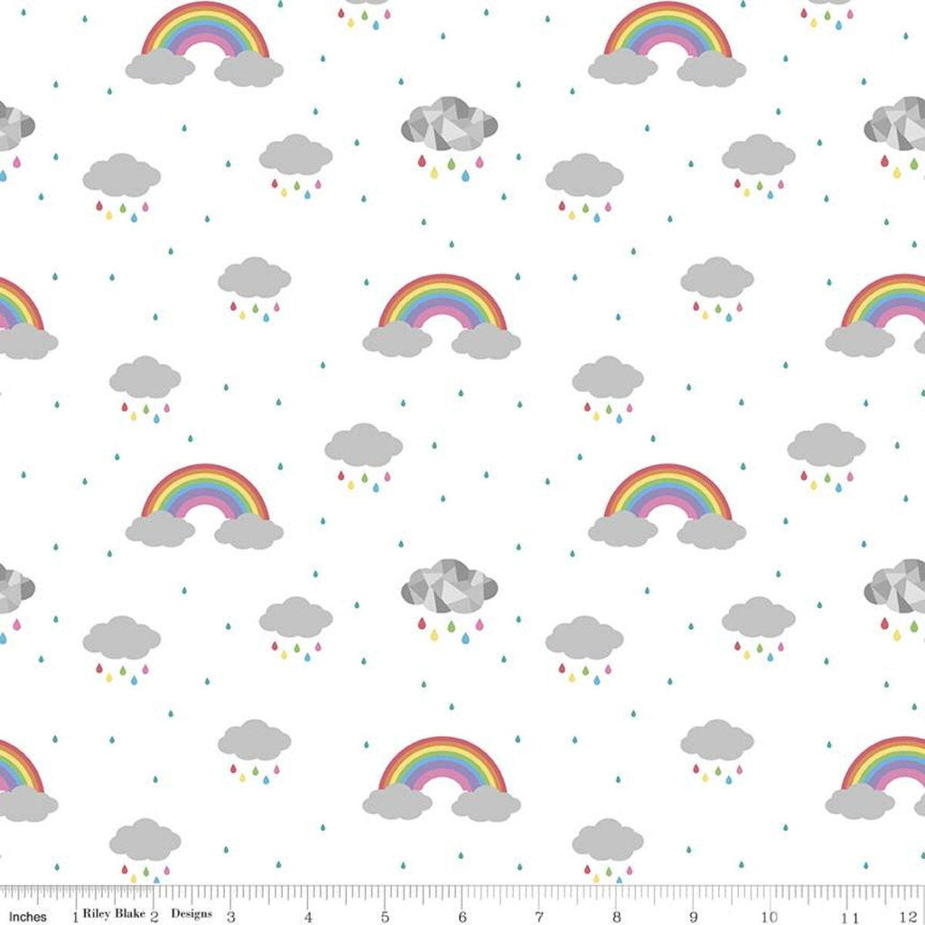 CLEARANCE Dream In Color C10772 White - Riley Blake Designs - Gray Clouds Rainbows Raindrops - Quilting Cotton