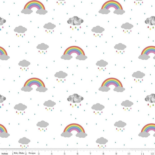 CLEARANCE Dream In Color C10772 White - Riley Blake Designs - Gray Clouds Rainbows Raindrops - Quilting Cotton