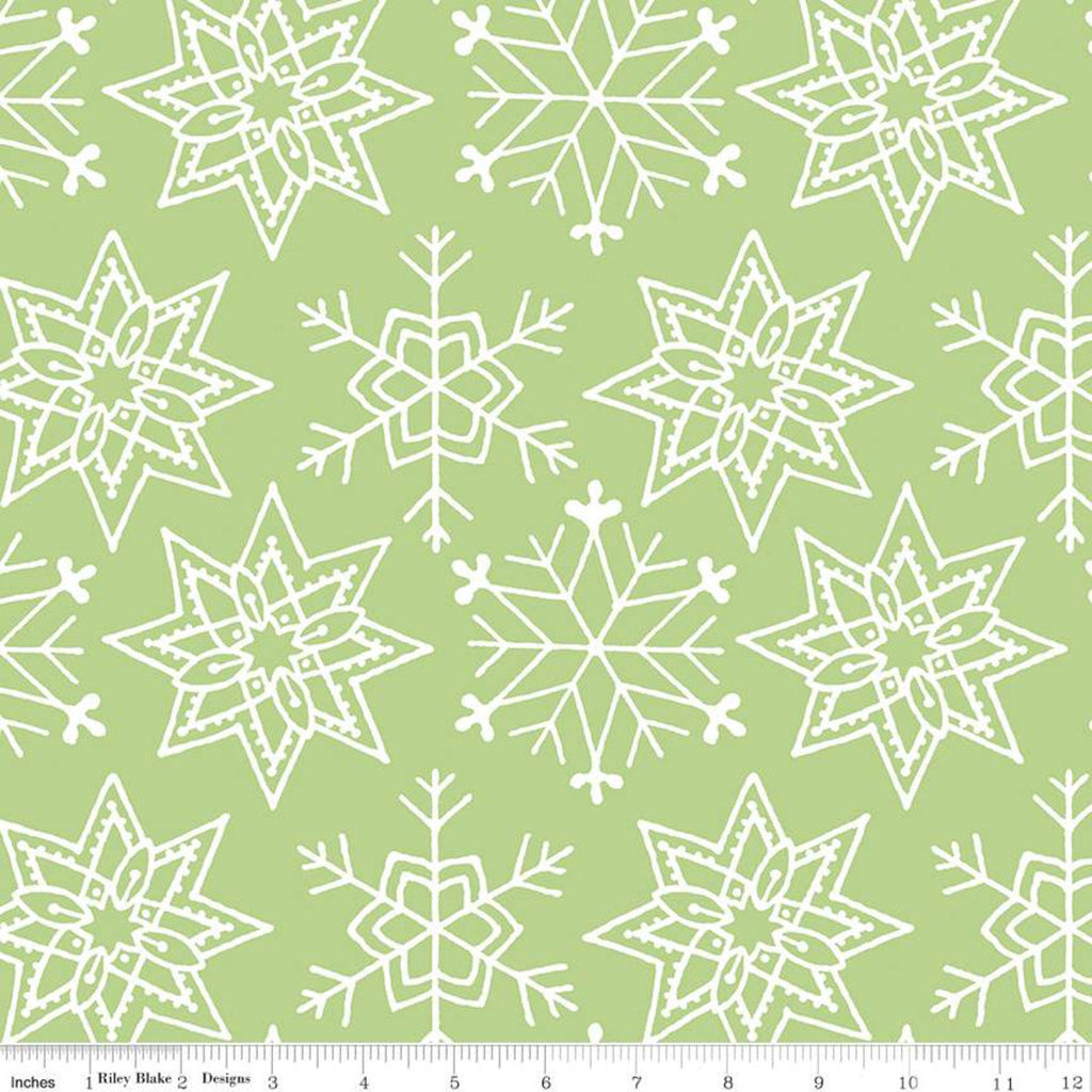SALE All About Christmas Snowflakes C10798 Green - Riley Blake Designs - White Snowflakes on Green - Quilting Cotton Fabric