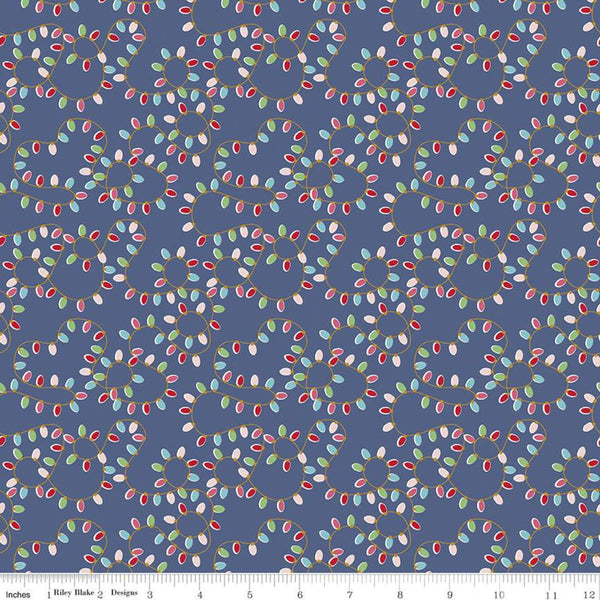 SALE Christmas Adventure Lights SC10733 Denim SPARKLE - Riley Blake Designs - String Light Loops Gold SPARKLE Blue - Quilting Cotton