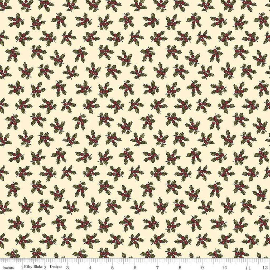 SALE Christmas at Buttermilk Acres Holly C10903 Cream - Riley Blake Designs - Berries Green Leaves on Cream - Quilting Cotton Fabric