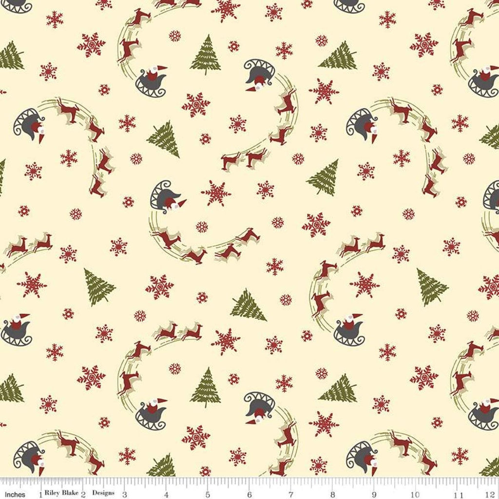 Christmas at Buttermilk Acres Sleigh C10902 Cream - Riley Blake Designs - Sleighs Santa Reindeer Trees - Quilting Cotton Fabric