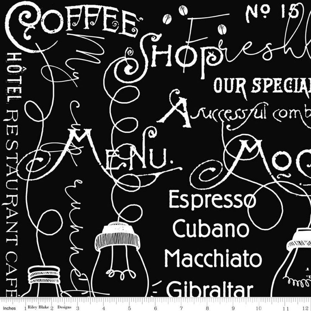 CLEARANCE Coffee Chalk Cafe Blackboard C11035 Black - Riley Blake Designs - Chalkboard Text Icons - Quilting Cotton Fabric