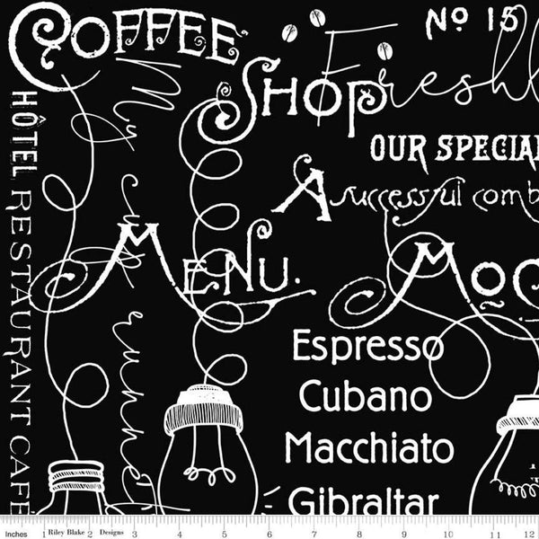 CLEARANCE Coffee Chalk Cafe Blackboard C11035 Black - Riley Blake Designs - Chalkboard Text Icons - Quilting Cotton Fabric