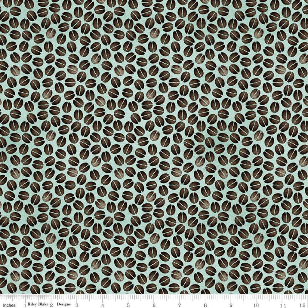 SALE Coffee Chalk Bean Toss C11037 Aqua - Riley Blake Designs - Coffee Beans on Blue - Quilting Cotton Fabric