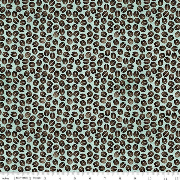 SALE Coffee Chalk Bean Toss C11037 Aqua - Riley Blake Designs - Coffee Beans on Blue - Quilting Cotton Fabric