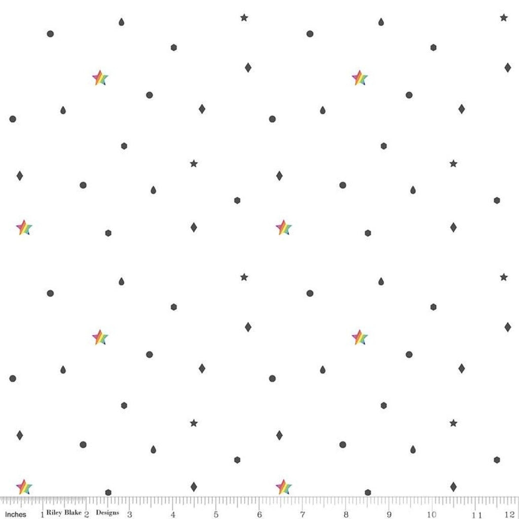 Hush Hush Rainbow Scatter C11178 - Riley Blake Designs - Low Volume Black Shapes Rainbow Stars on White - Quilting Cotton Fabric