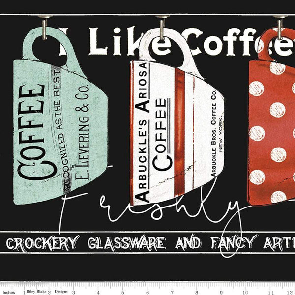 Coffee Chalk Border Stripe C11031 Black - Riley Blake Designs - Hanging Coffee Cups - Quilting Cotton Fabric