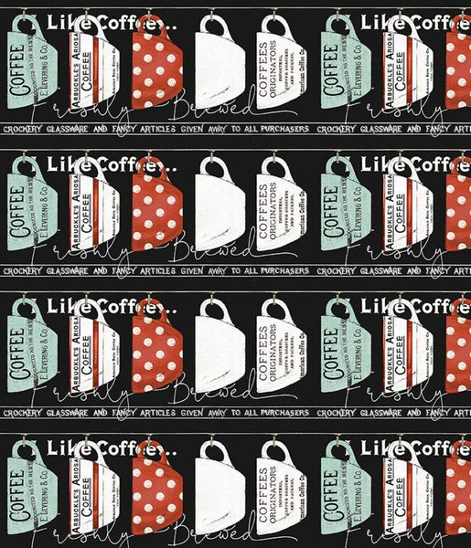 Coffee Chalk Border Stripe C11031 Black - Riley Blake Designs - Hanging Coffee Cups - Quilting Cotton Fabric