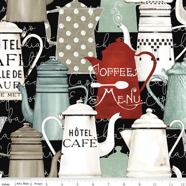 SALE Coffee Chalk Pots CD11033 Black - Riley Blake - DIGITALLY PRINTED Coffee Pots on Script Background - Quilting Cotton