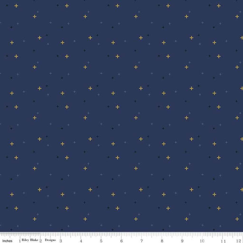 SALE Sparkler SC650 Navy SPARKLE - Riley Blake Designs - Plus Signs Gold SPARKLE Metallic Blue - Quilting Cotton Fabric