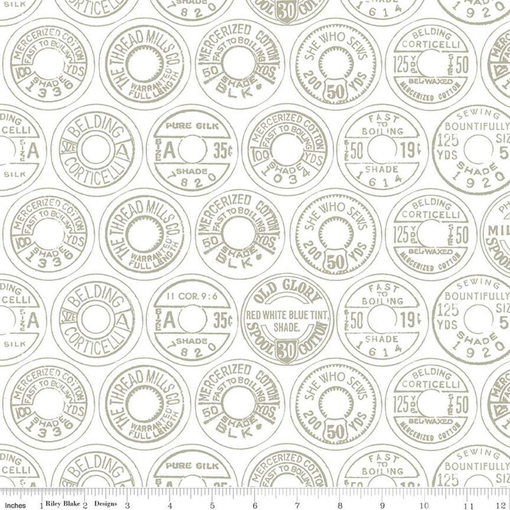 SALE Best of She Who Sews Low Volume Spool Tops C11338 Gray - Riley Blake Designs - Sewing VintageThread Labels - Quilting Cotton Fabric