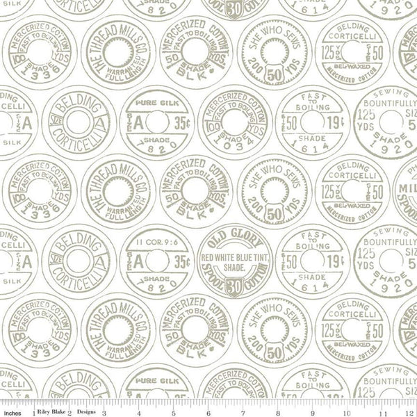 SALE Best of She Who Sews Low Volume Spool Tops C11338 Gray - Riley Blake Designs - Sewing VintageThread Labels - Quilting Cotton Fabric