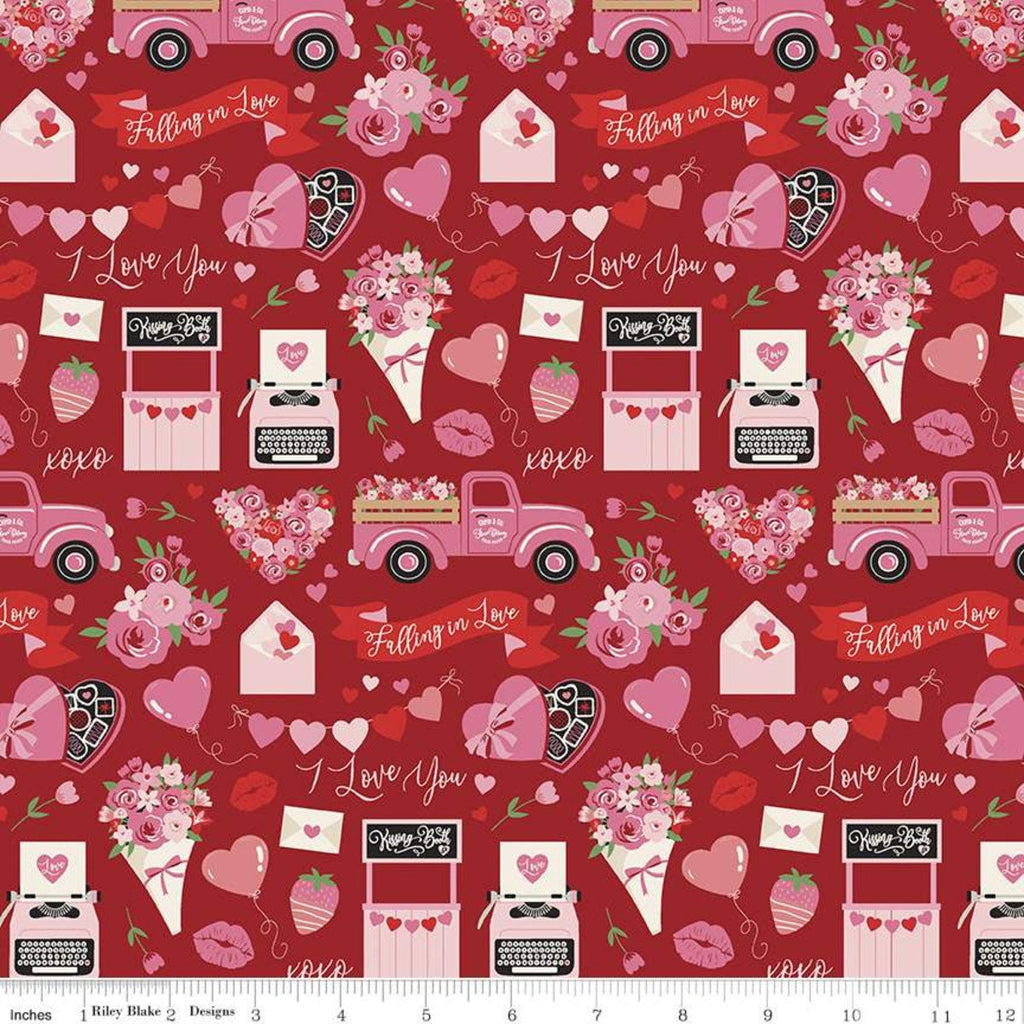 SALE Falling in Love Main C11280 Red - Riley Blake Designs - Valentine's Day Text Icons Hearts Flowers Trucks  - Quilting Cotton Fabric