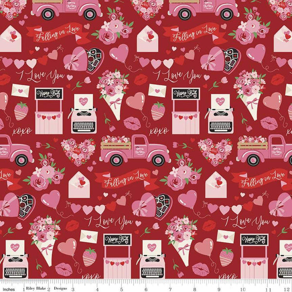 SALE Falling in Love Main C11280 Red - Riley Blake Designs - Valentine's Day Text Icons Hearts Flowers Trucks  - Quilting Cotton Fabric