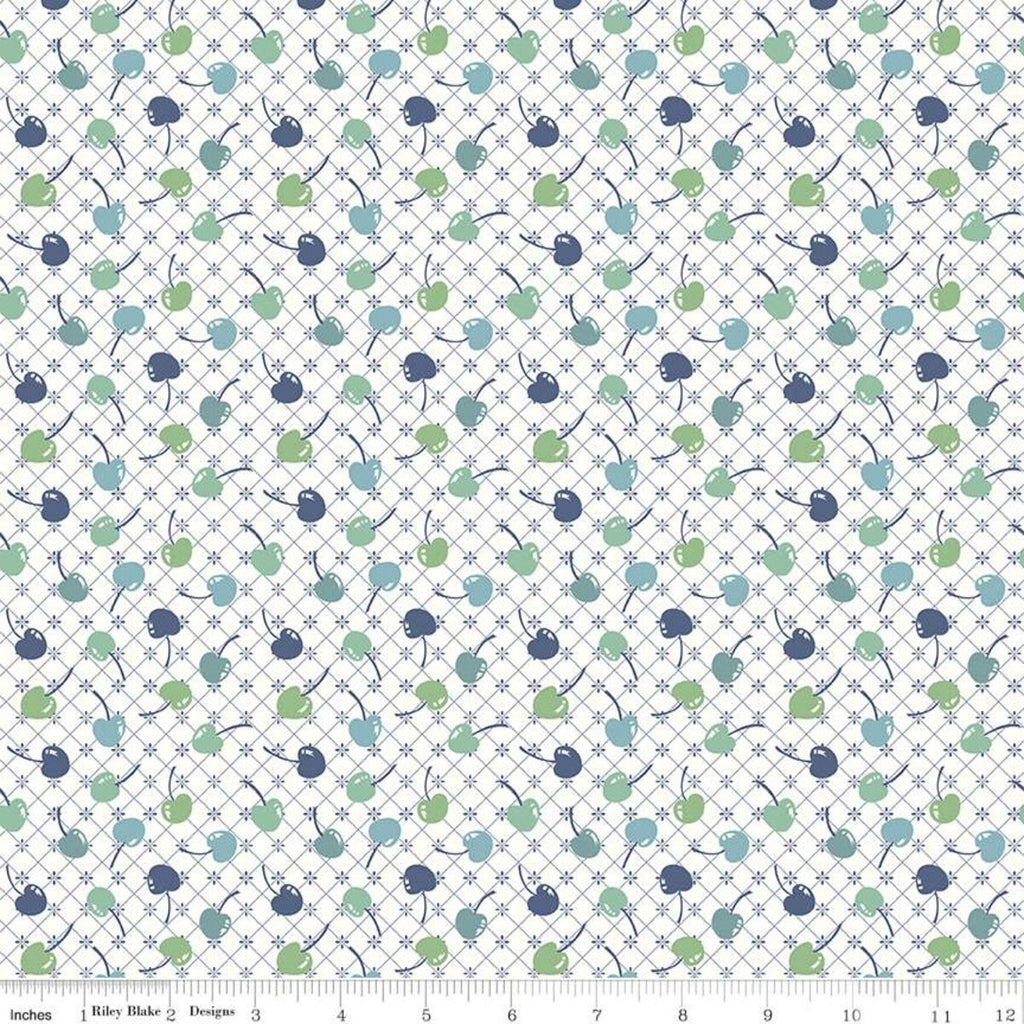 CLEARANCE Cook Book Cherries C11758 Denim - Riley Blake Designs - Lori Holt -  Blue Off White - Quilting Cotton Fabric