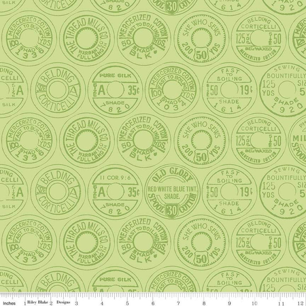 SALE Best of She Who Sews Low Volume Spool Tops C11338 Green - Riley Blake Designs - Sewing Vintage Thread Labels - Quilting Cotton Fabric