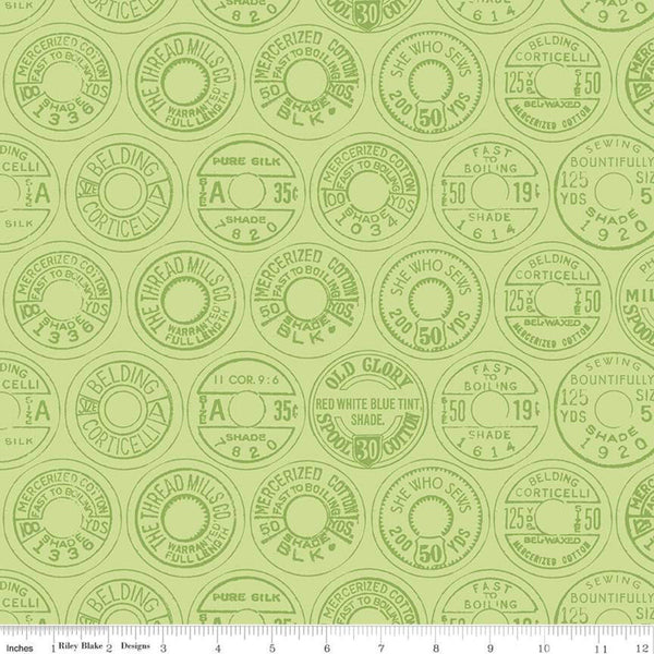 SALE Best of She Who Sews Low Volume Spool Tops C11338 Green - Riley Blake Designs - Sewing Vintage Thread Labels - Quilting Cotton Fabric