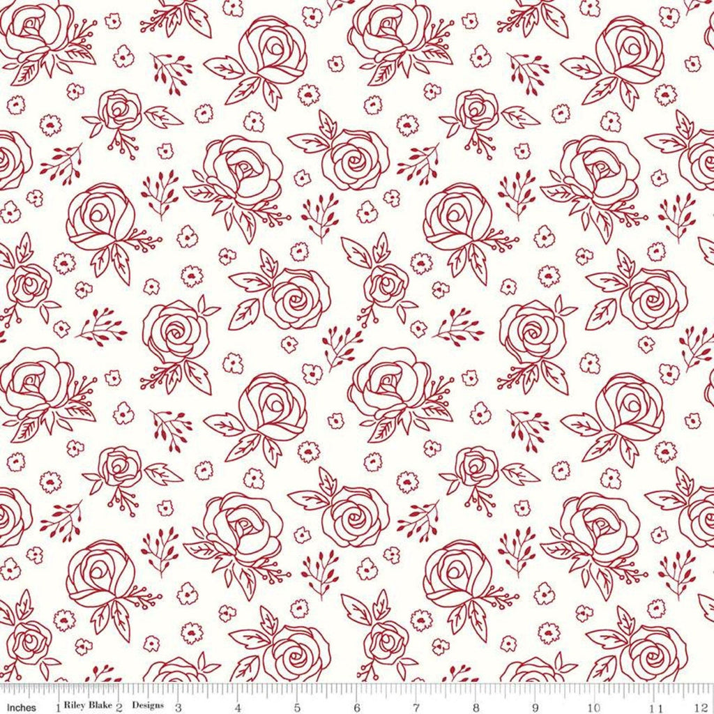 20" End of Bolt - SALE Red Hot Roses C11683 Cream - Riley Blake Designs - Floral Outlined Flowers - Quilting Cotton Fabric