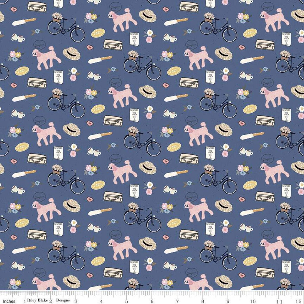 SALE Saturday in Paris Icons C11363 Denim - Riley Blake - Bicycles Flowers Hats Poodles Suitcases Passports Blue - Quilting Cotton Fabric
