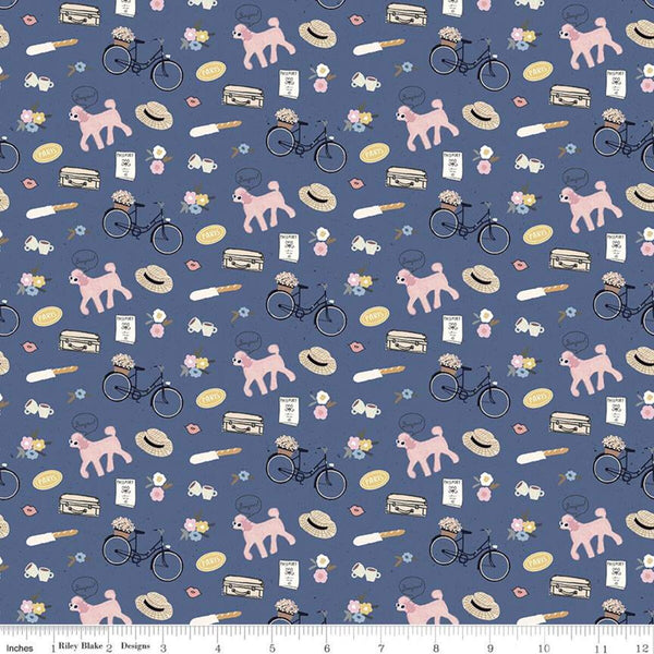 SALE Saturday in Paris Icons C11363 Denim - Riley Blake - Bicycles Flowers Hats Poodles Suitcases Passports Blue - Quilting Cotton Fabric
