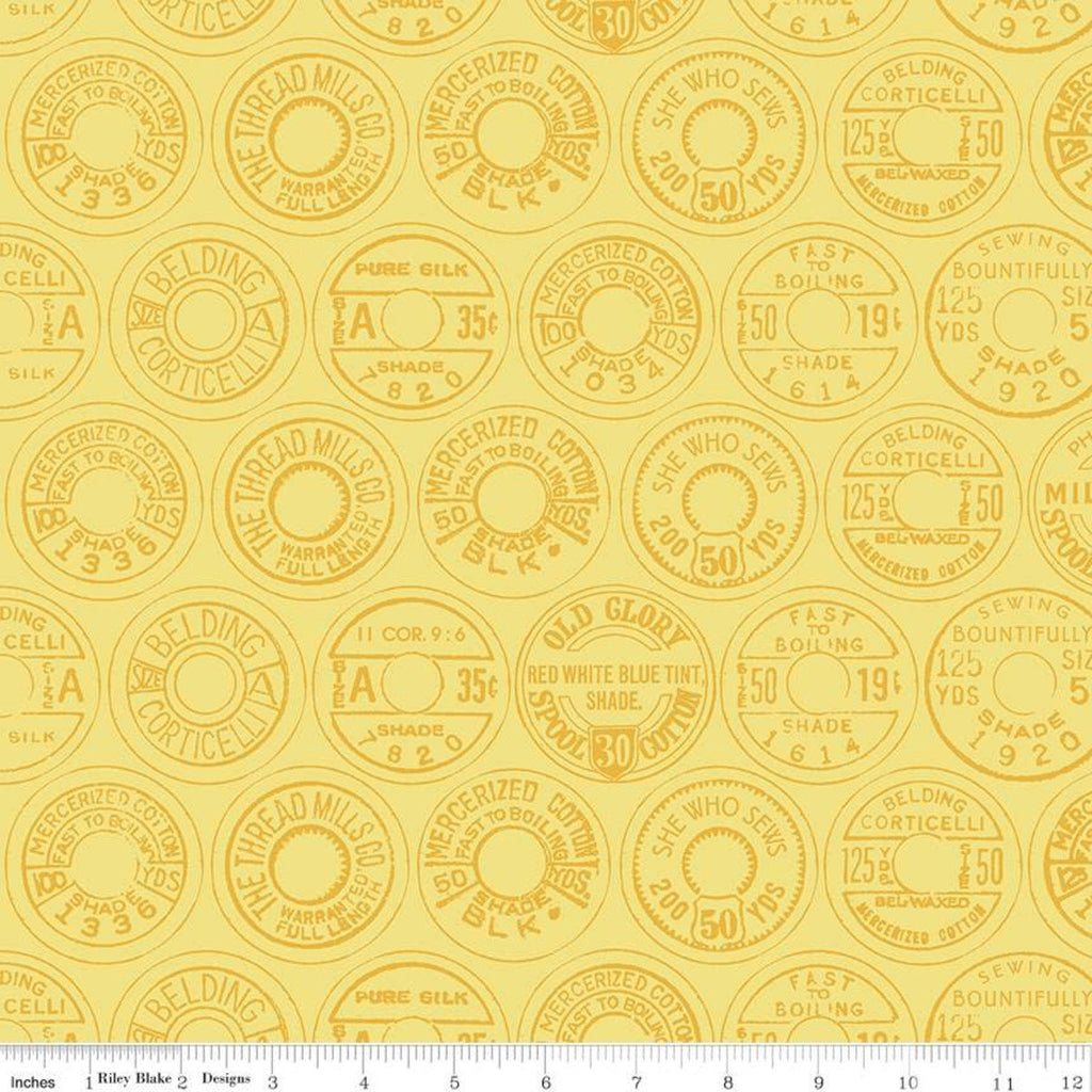 SALE Best of She Who Sews Low Volume Spool Tops C11338 Yellow - Riley Blake Designs - Sewing Vintage Thread Labels - Quilting Cotton Fabric