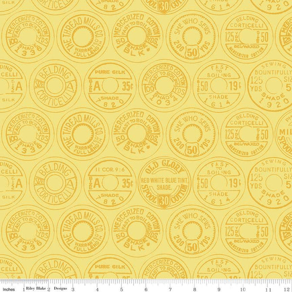 SALE Best of She Who Sews Low Volume Spool Tops C11338 Yellow - Riley Blake Designs - Sewing Vintage Thread Labels - Quilting Cotton Fabric