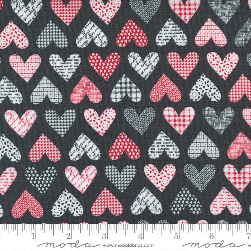 Fat Quarter End of Bolt - SALE Flirt Hearts 55570 Black - Moda Fabrics - Valentine's Day Valentines Heart - Quilting Cotton Fabric