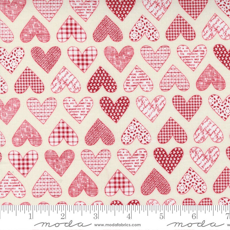 21" End of Bolt - SALE Flirt Hearts 55570 Cream Red - Moda Fabrics - Valentine's Day Valentines Heart - Quilting Cotton Fabric