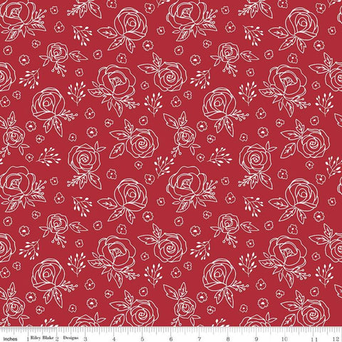 25" End of Bolt Piece - CLEARANCE Red Hot Roses C11683 Red - Riley Blake  - Floral Outlined Flowers - Quilting Cotton