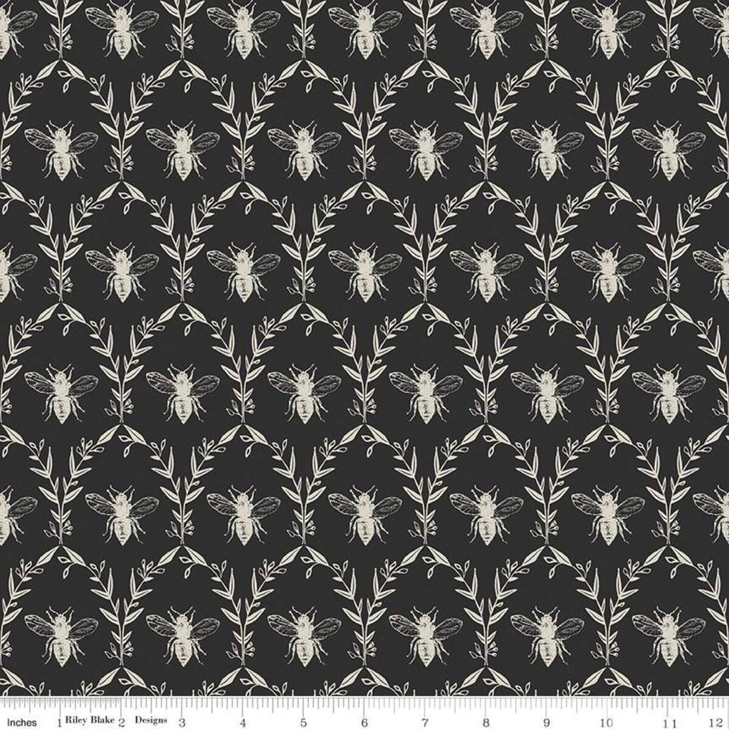 SALE Honey Bee Damask C11705 Black - Riley Blake Designs - Bees Leaves - Quilting Cotton Fabric