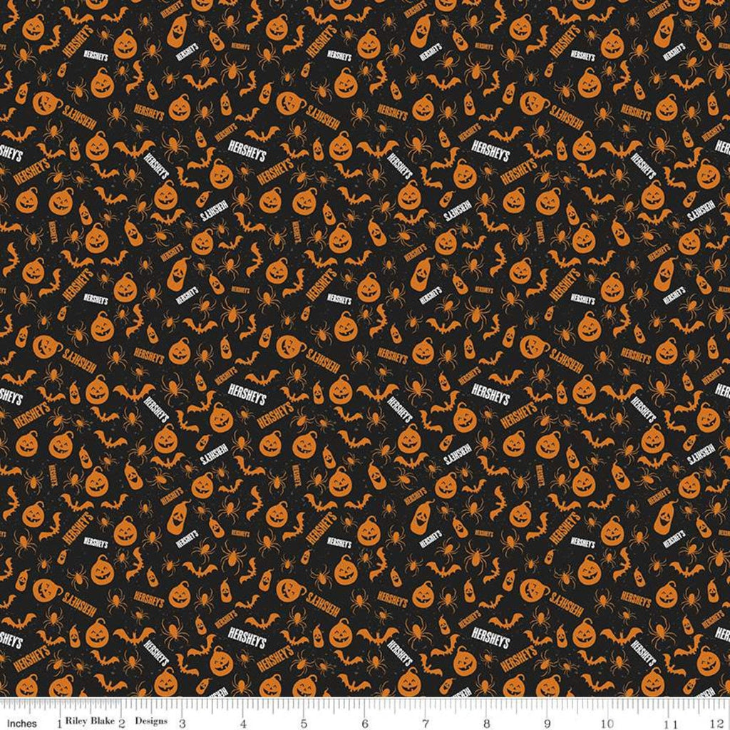 SALE Celebrate with Hershey Pumpkins C11983 Black - Riley Blake - Halloween Spiders Bats Jack-o-Lanterns Hershey's - Quilting Cotton Fabric