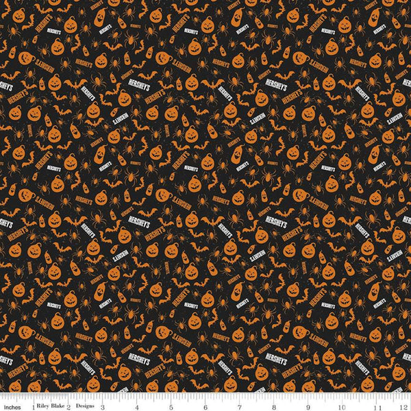 SALE Celebrate with Hershey Pumpkins C11983 Black - Riley Blake - Halloween Spiders Bats Jack-o-Lanterns Hershey's - Quilting Cotton Fabric
