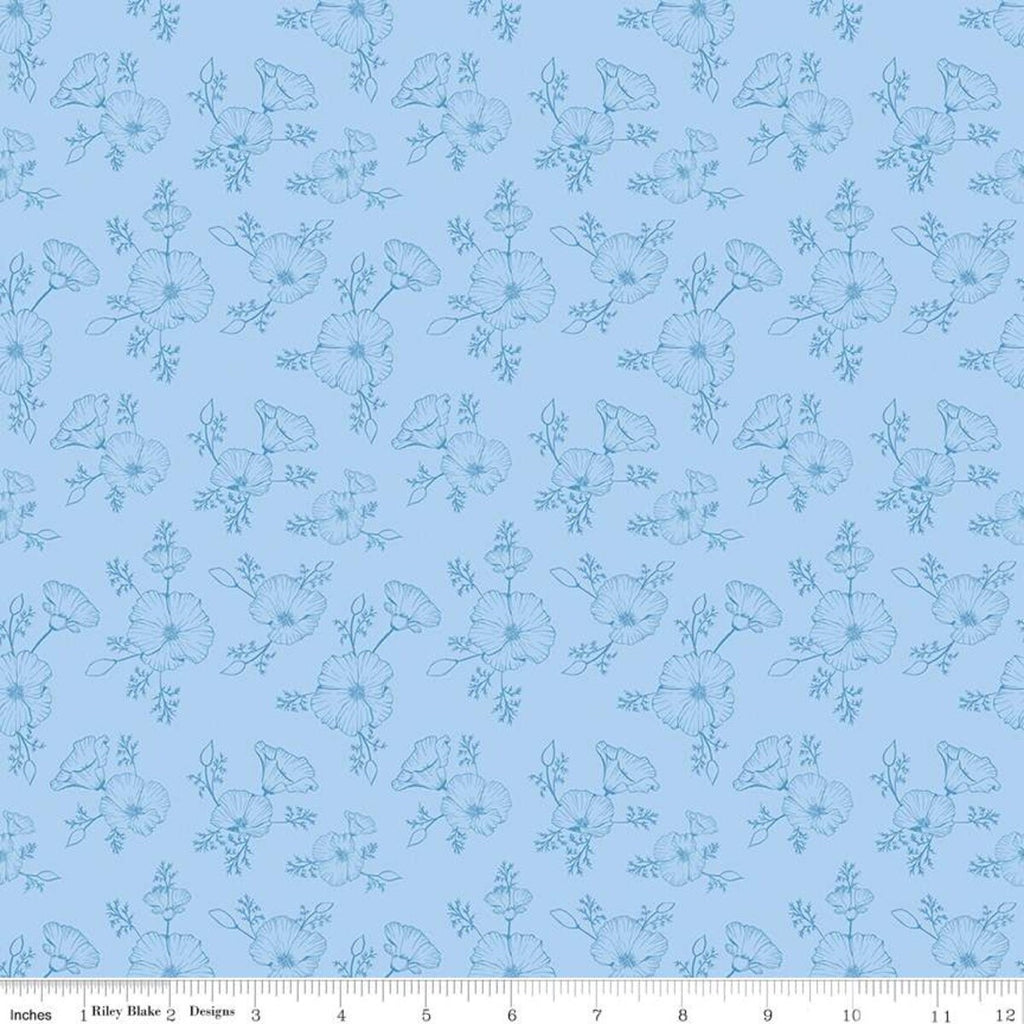 SALE Golden Poppies Tonal C11804 Blue - Riley Blake Designs - Floral Line-Drawn Flowers - Quilting Cotton Fabric