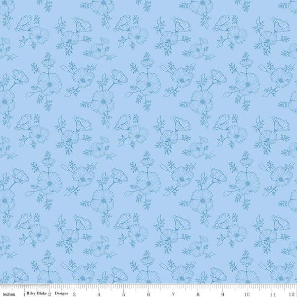 SALE Golden Poppies Tonal C11804 Blue - Riley Blake Designs - Floral Line-Drawn Flowers - Quilting Cotton Fabric