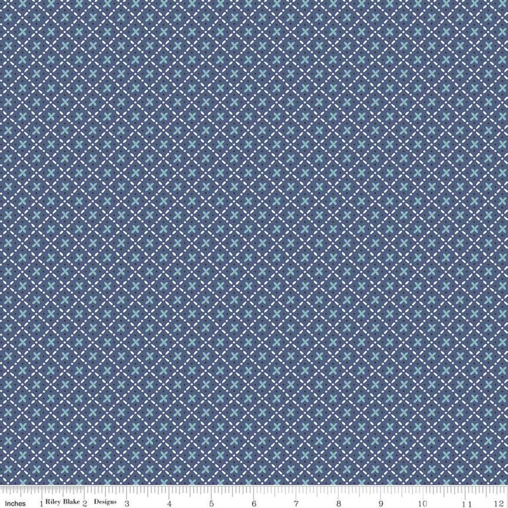 SALE Bee Plaids Barn Dance C12028 Denim by Riley Blake Designs - Xs Dots Dashed-Line Lattice - Lori Holt - Quilting Cotton Fabric