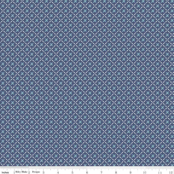 SALE Bee Plaids Barn Dance C12028 Denim by Riley Blake Designs - Xs Dots Dashed-Line Lattice - Lori Holt - Quilting Cotton Fabric
