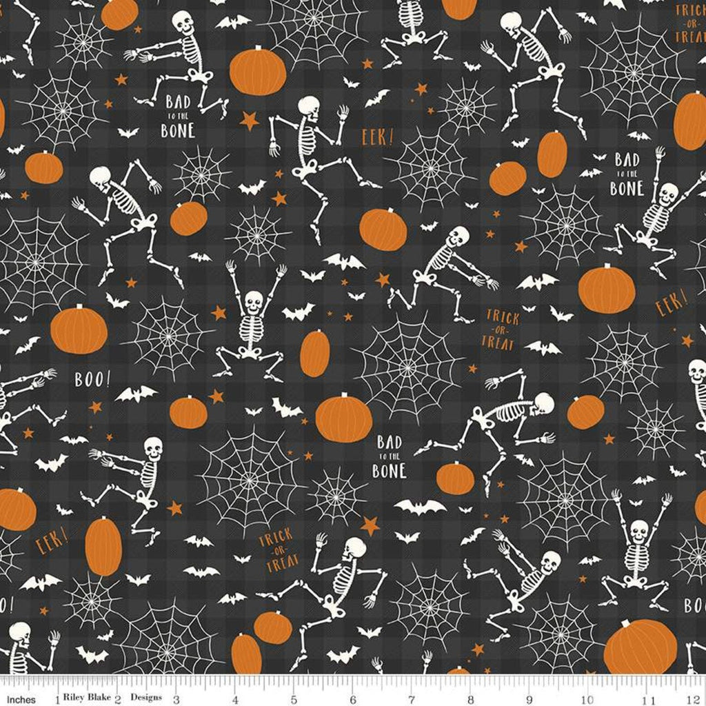 SALE Bad to the Bone Main GC11920 Black GLOW in the DARK - Riley Blake - Halloween Skeletons Pumpkins on Gingham  - Quilting Cotton Fabric