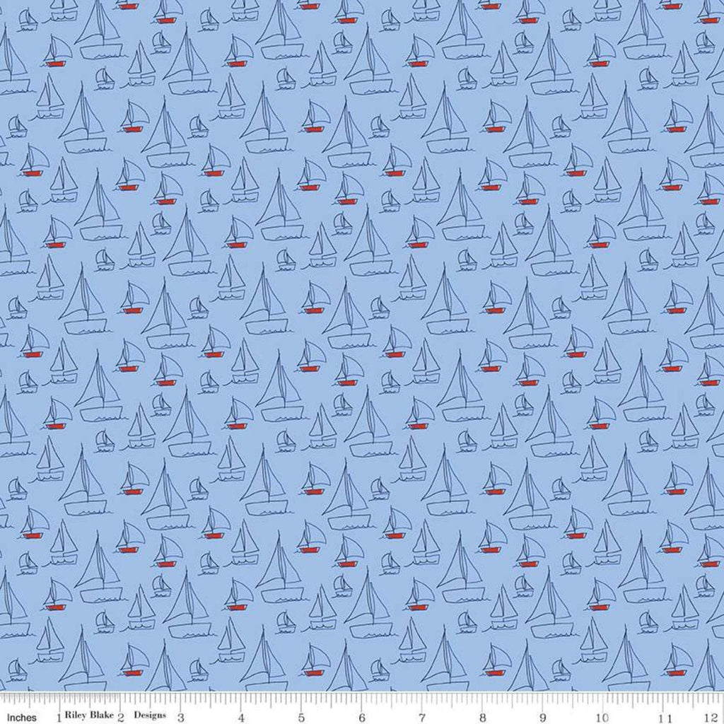 SALE Red White and Bang! Sailboats C11521 Blue - Riley Blake Designs - Patriotic Line-Drawn Boats - Quilting Cotton Fabric