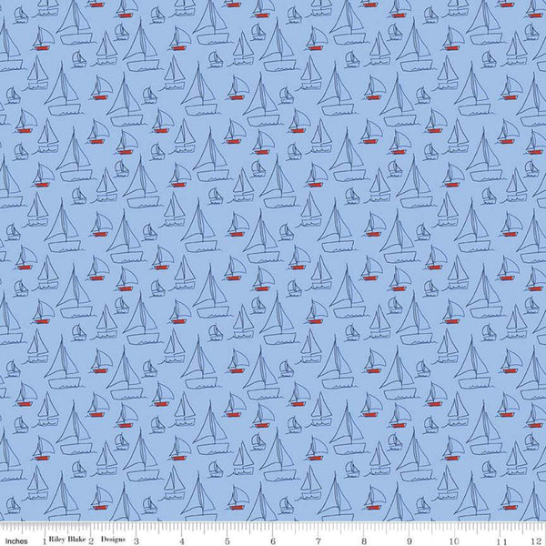 SALE Red White and Bang! Sailboats C11521 Blue - Riley Blake Designs - Patriotic Line-Drawn Boats - Quilting Cotton Fabric