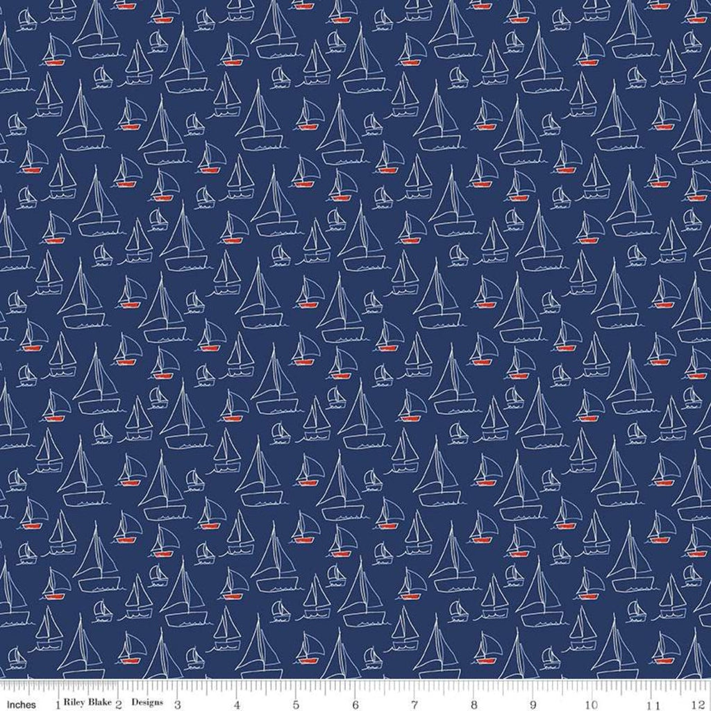 SALE Red White and Bang! Sailboats C11521 Navy - Riley Blake Designs - Patriotic Line-Drawn Boats - Quilting Cotton Fabric