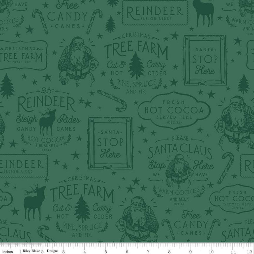 31" End of Bolt - Old Fashioned Christmas Icons C12133 Alpine - Riley Blake - Santa Trees Candy Canes Reindeer Green  Quilting Cotton Fabric