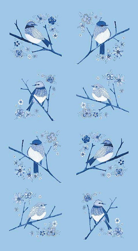 SALE Sunshine and Dewdrops Birds Panel P11978 Sky by Riley Blake - Bird Branches Flowers Blue - Quilting Cotton Fabric